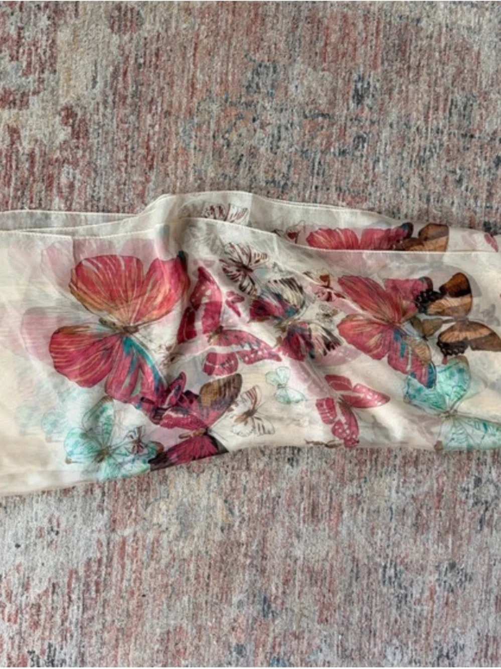 Oversized Sheer Butterfly Print Scarf Lightweight Large Shawl Wrap Cream Pink